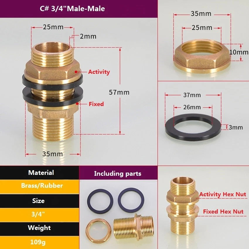Brass Threaded Water Tank Connector — Male/Female NPT Pipe Fitting for Water Tower & Storage Tank