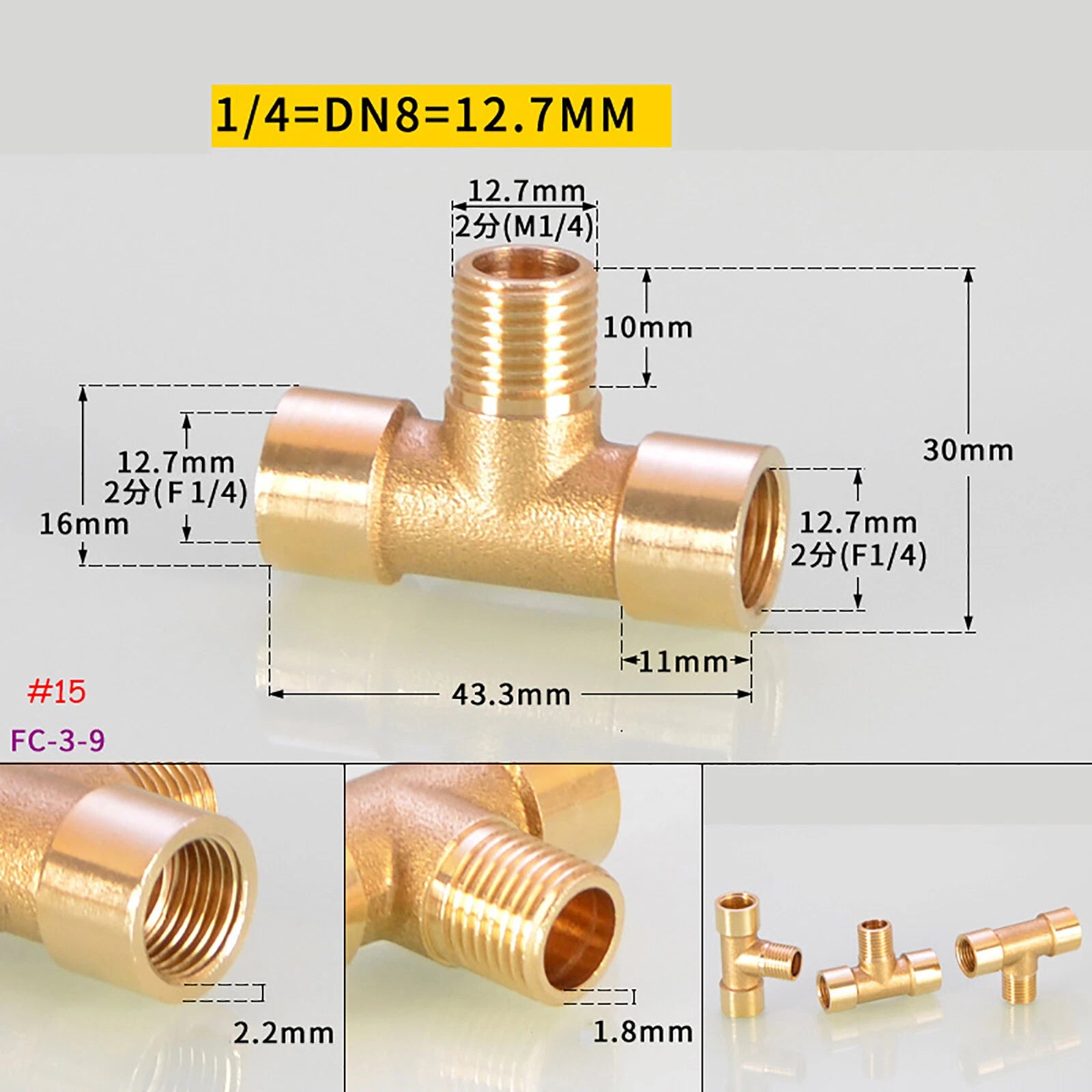 BSP Brass Tee Pipe Fittings — Male & Female Thread Combinations, 1/8" to 3/8"