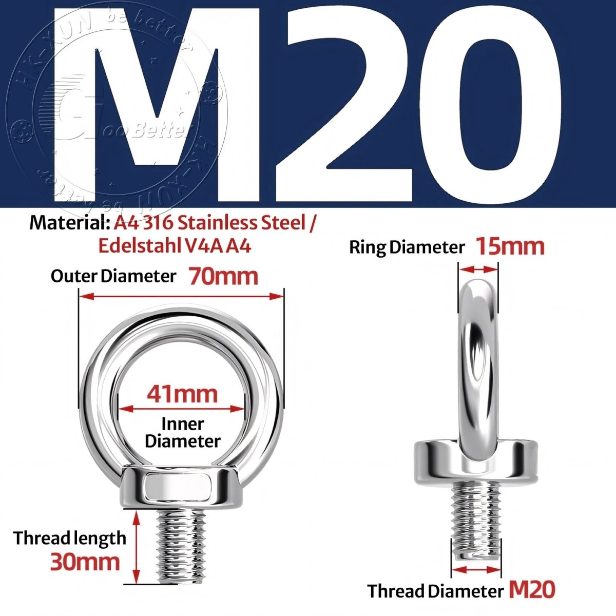 Stainless Steel Eye Bolts & Eye Nuts — A4 316 Metric Thread M6 to M36 - HomeDIYer