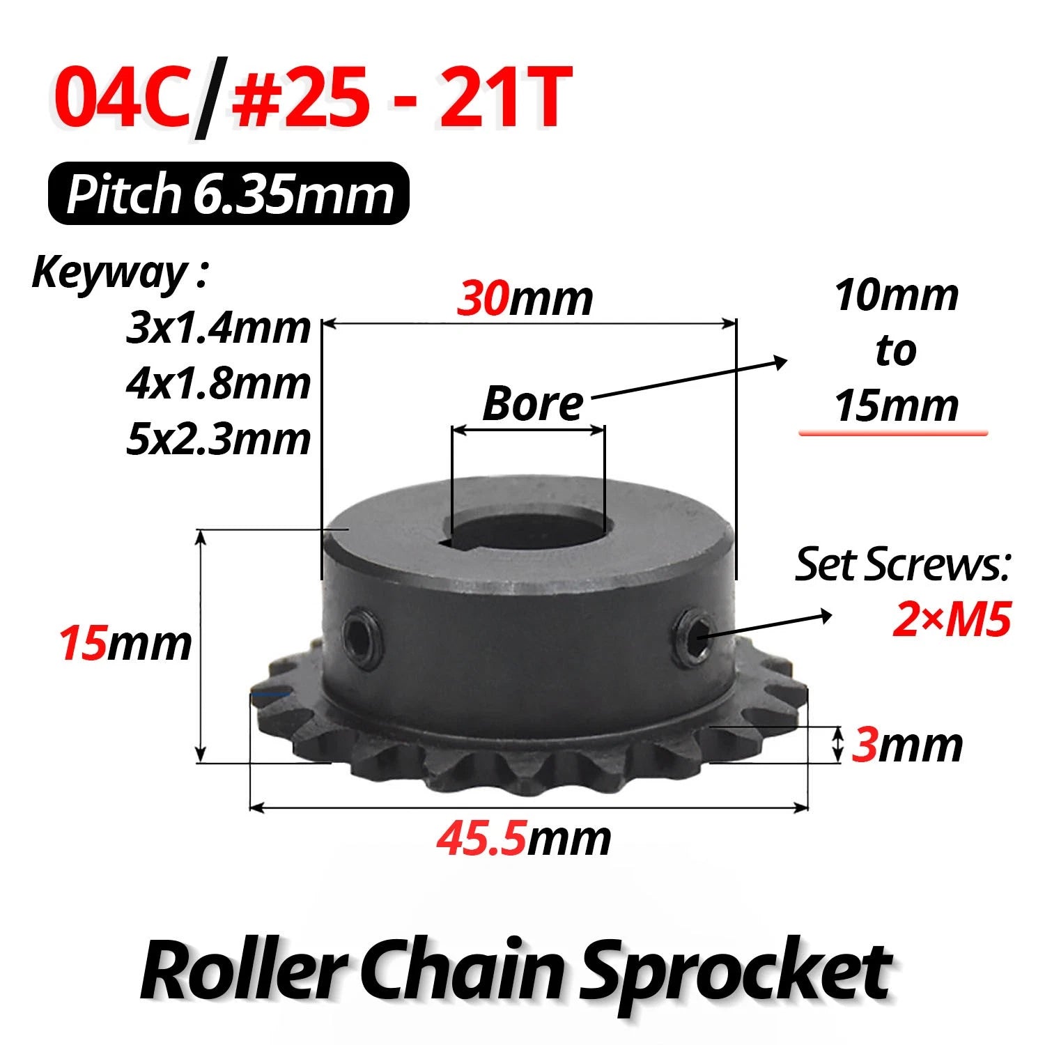 #25 Roller Chain Sprocket With Keyway 04C 13T-40T Tooth Bore 8-30mm Pitch 6.35mm
