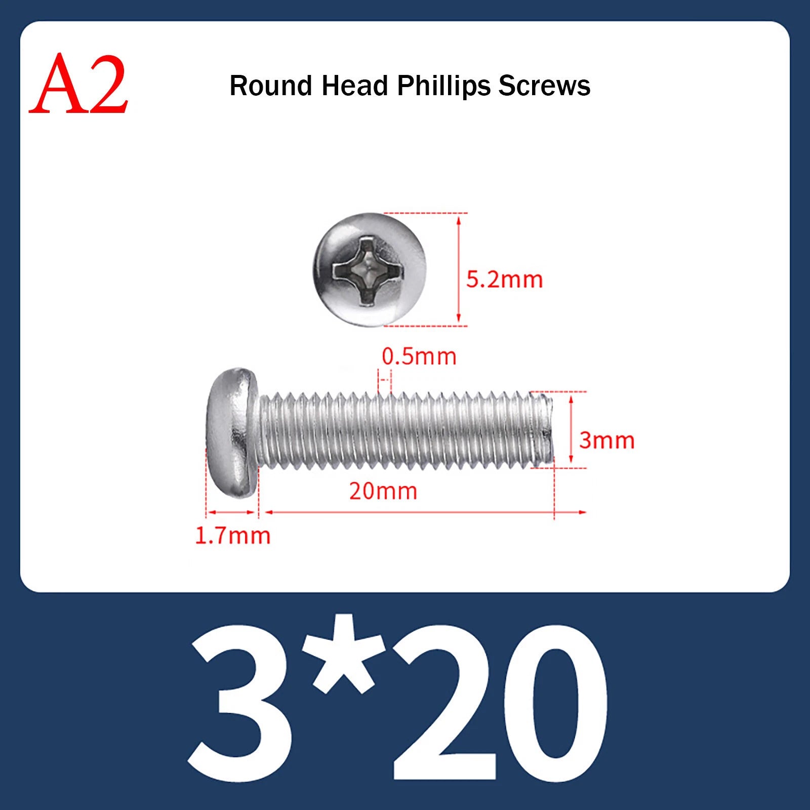 M3 Phillips Pan Head Machine Screws – A2 Stainless Steel, M3×3mm to M3×150mm (Full Length Range)