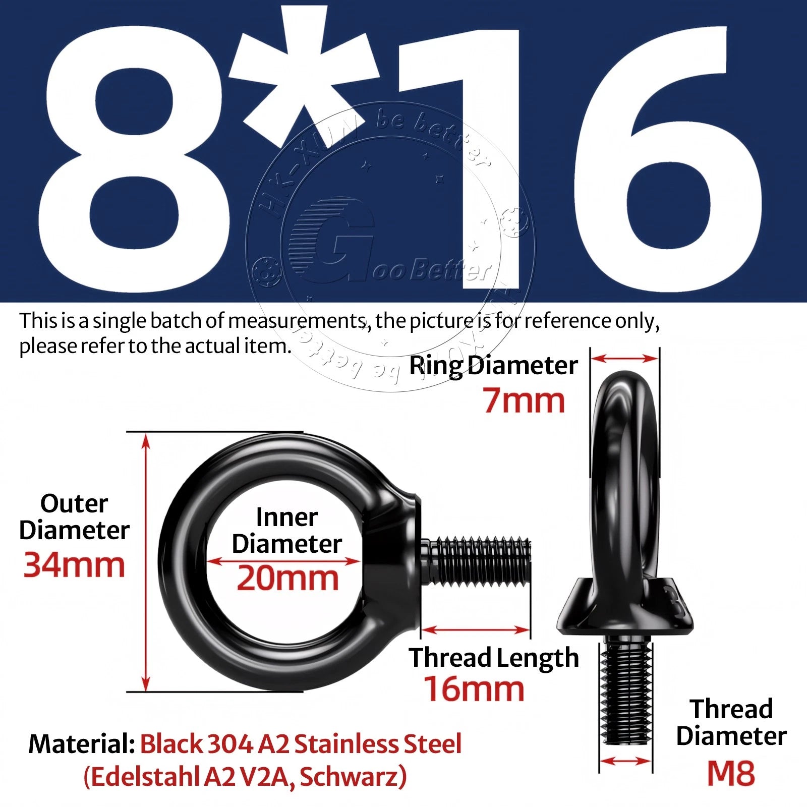 A2 304 Grade Black Stainless Steel Lifting Eye Nuts-Bolts M3 M4 M5 M6 M8 - M24