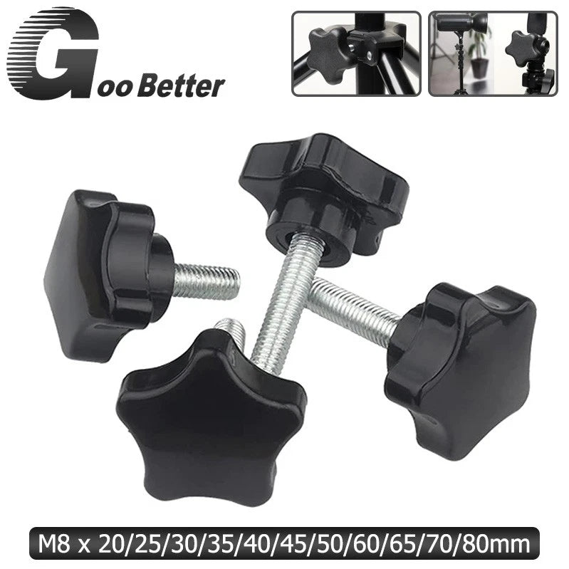 Thumb Screws M8 Hand Knob Bolts Plastic Five-Star Head Black Length 20-80mm