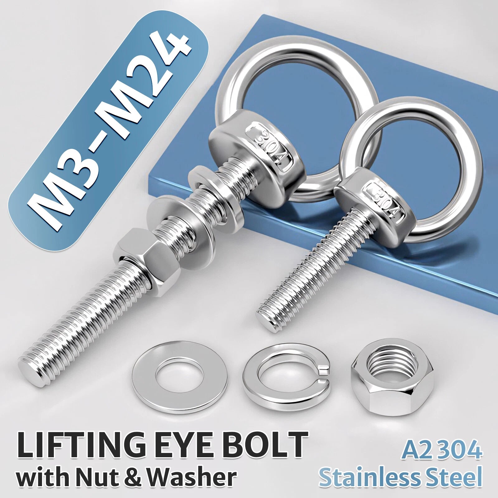M3 M4 M5 - M20 Eye Bolts Kit Screws Nut Washer Long Boat Stainless Steel A2 304
