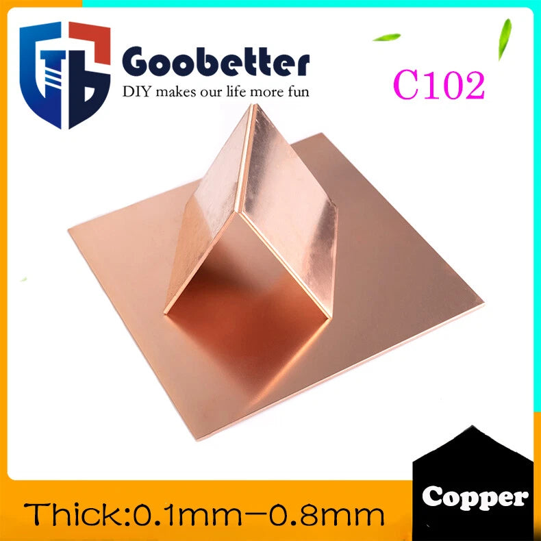 0.1mm-0.8mm Thick 99.9% Pure Copper Sheet Metal guillotine cut - Multiple Sizes