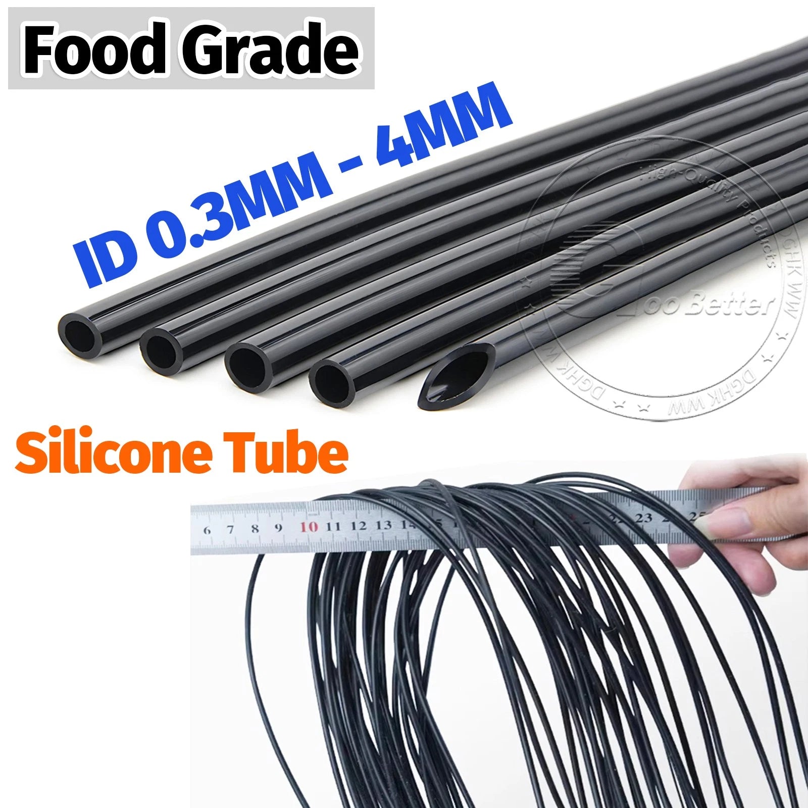 Black Food Grade Silicone Capillary Tube — ID 0.3mm to 4mm, Soft Rubber Hose, 10 Meter