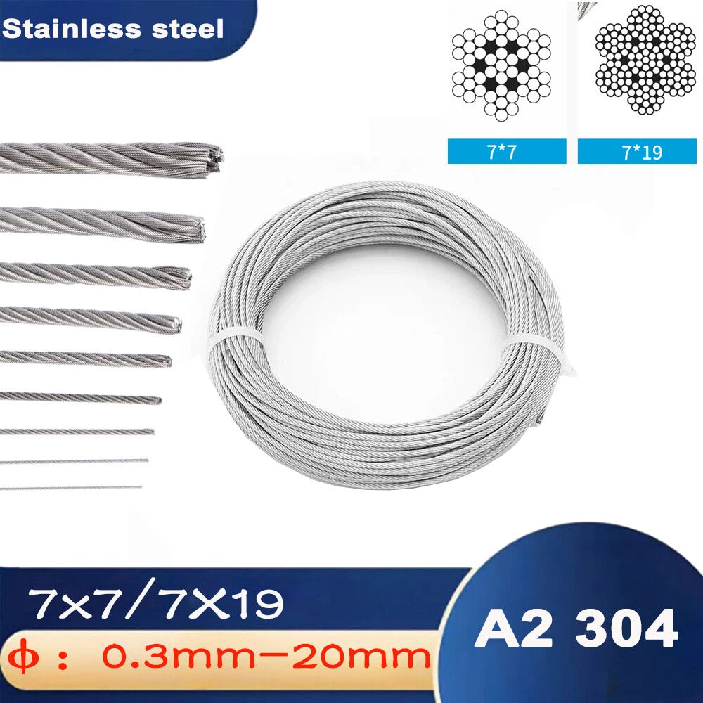 Stainless Steel A2 304 Wire Rope Lifting Metal Cable Rigging 0.3mm 0.4mm to 20mm