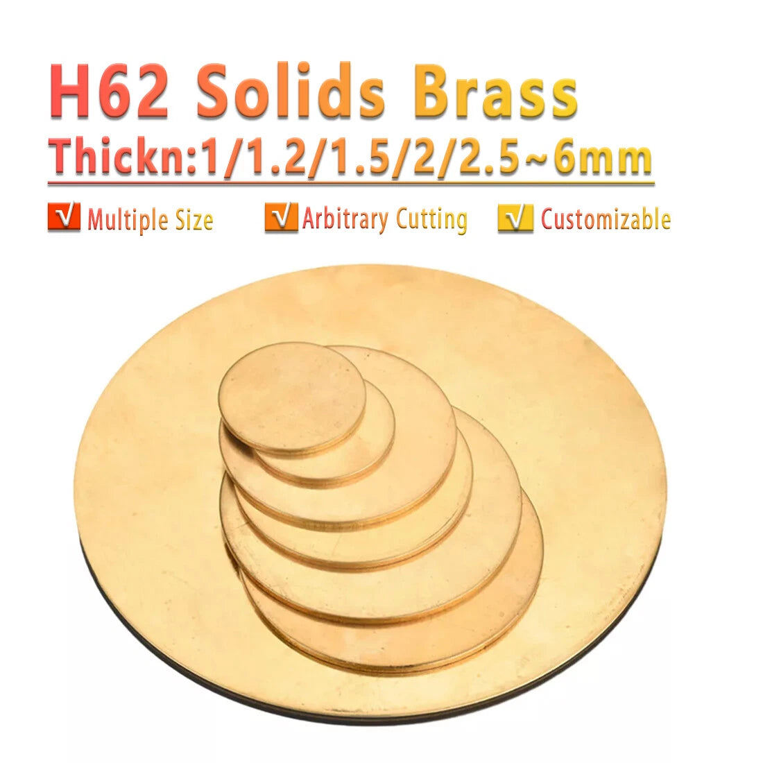 H62 Solid Brass Discs Blanks Thick 1/1.5/1.5~6mm Metal Round Sheets Dia 10-300mm