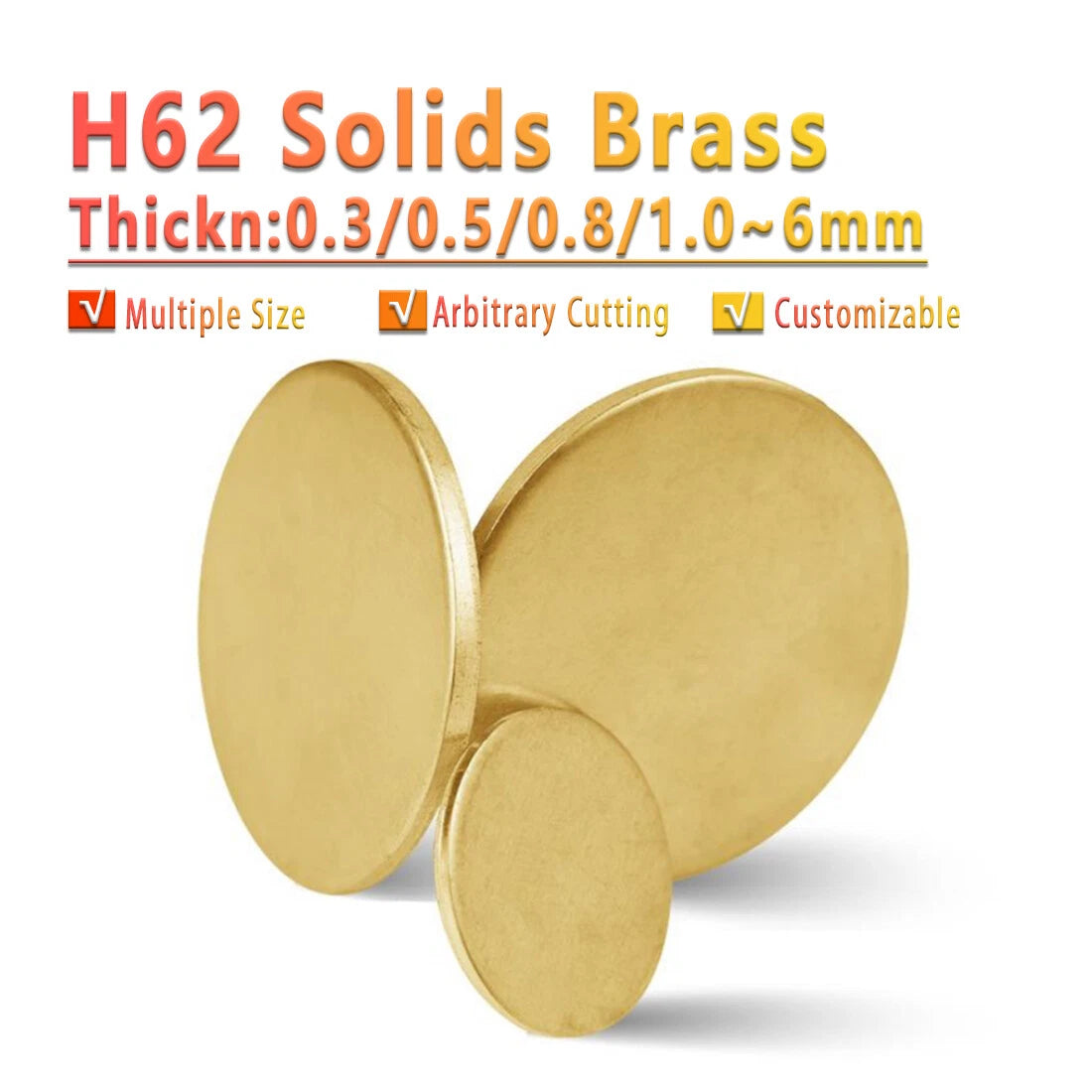 H62 Solids Brass Discs Blanks Metal Round Sheets OD 10-300mm Thick 0.3/0.5mm~4mm