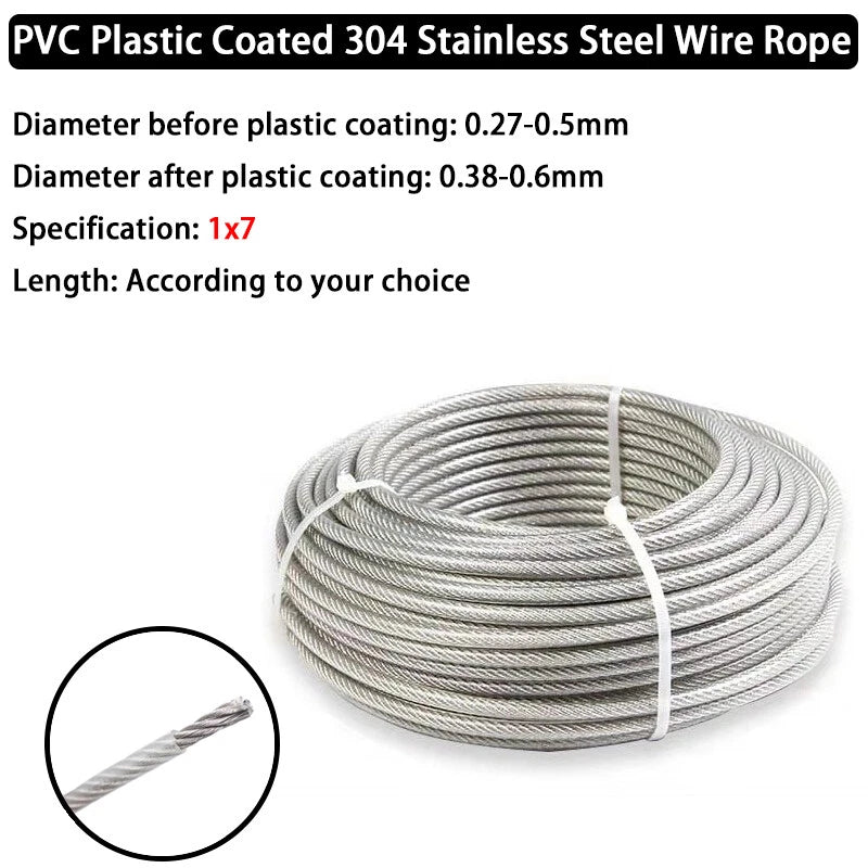 0.27-0.5 Ø 1x7 PVC Plastic Coated 304 Stainless Steel Wire Rope Metal Cable Rope
