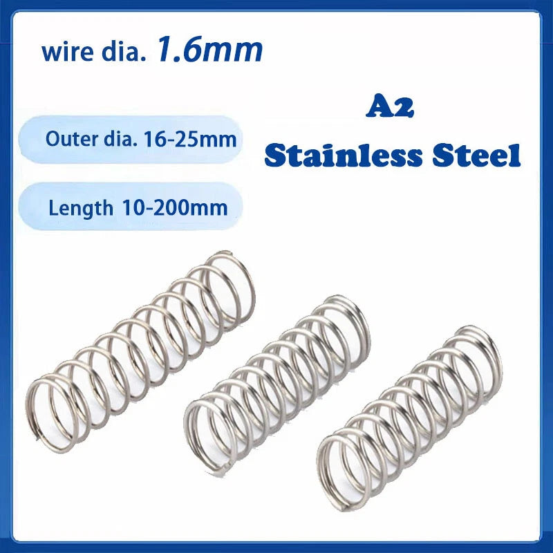 1.6mm Wire Dia Compression Spring 16-25mm Dia 10-200mm Length A2 Stainless Steel