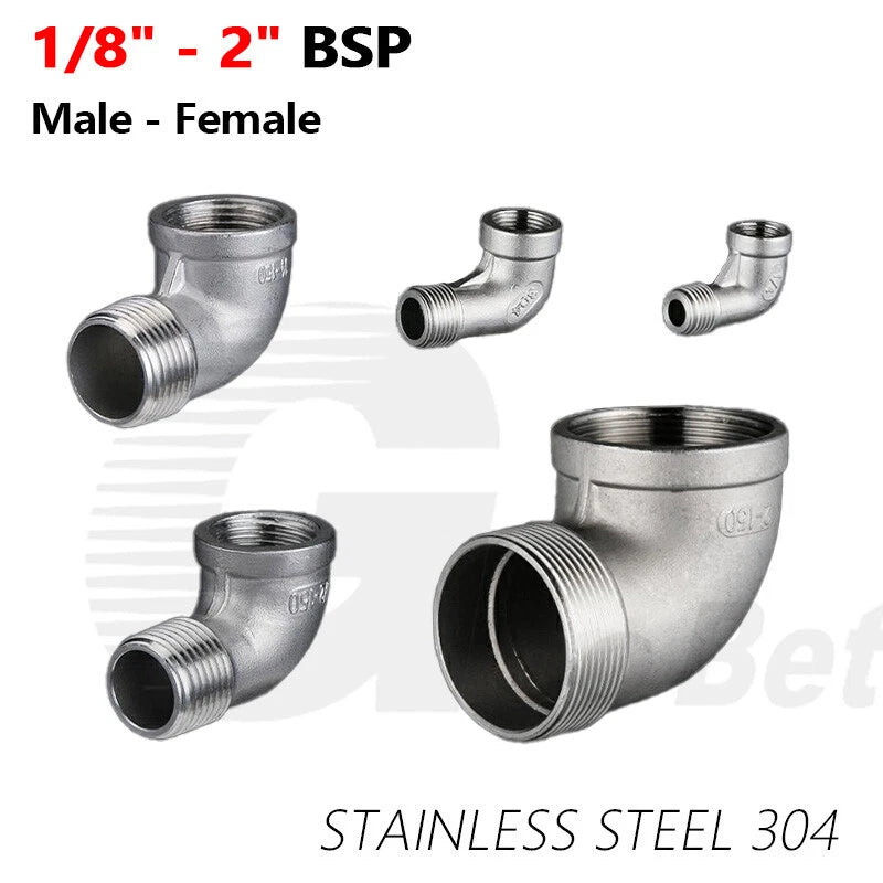 SS 304 90° BSP Elbow Fitting | Male-Female 1/8" to 2" Pipe Connector