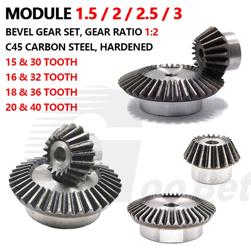 Bevel Gear Set Mod 1.5 2 2.5 3 Steel 1:2 Pairing 15/30 16/32 18/36 20/40 Tooth