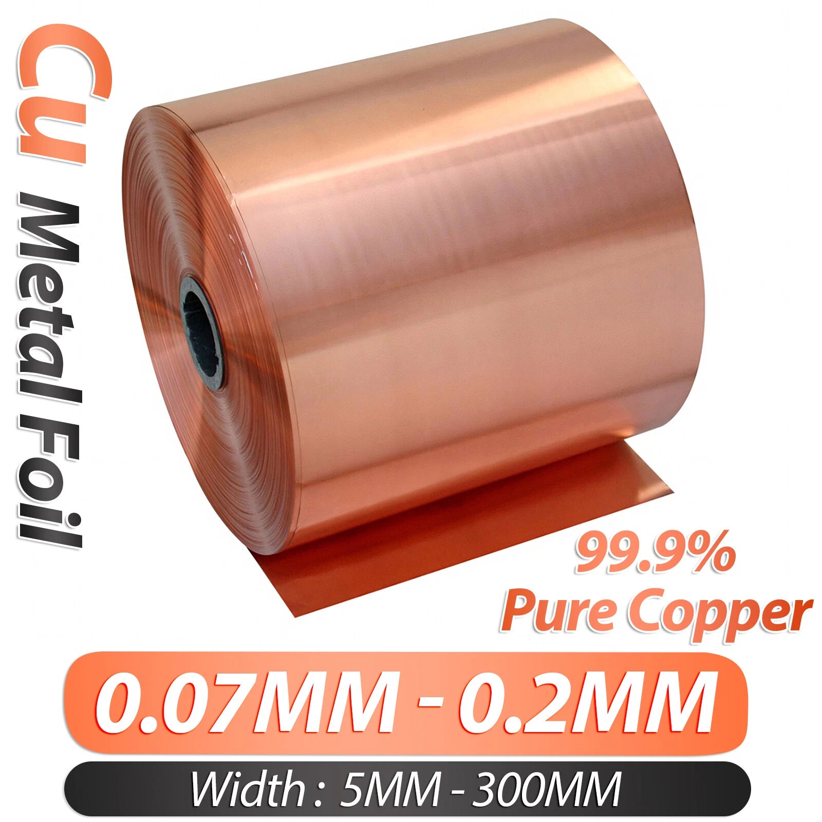 99.9% Copper Sheet Roll Metal Foil Plate 0.07mm-0.2mm Thick, 5mm-300mm Width