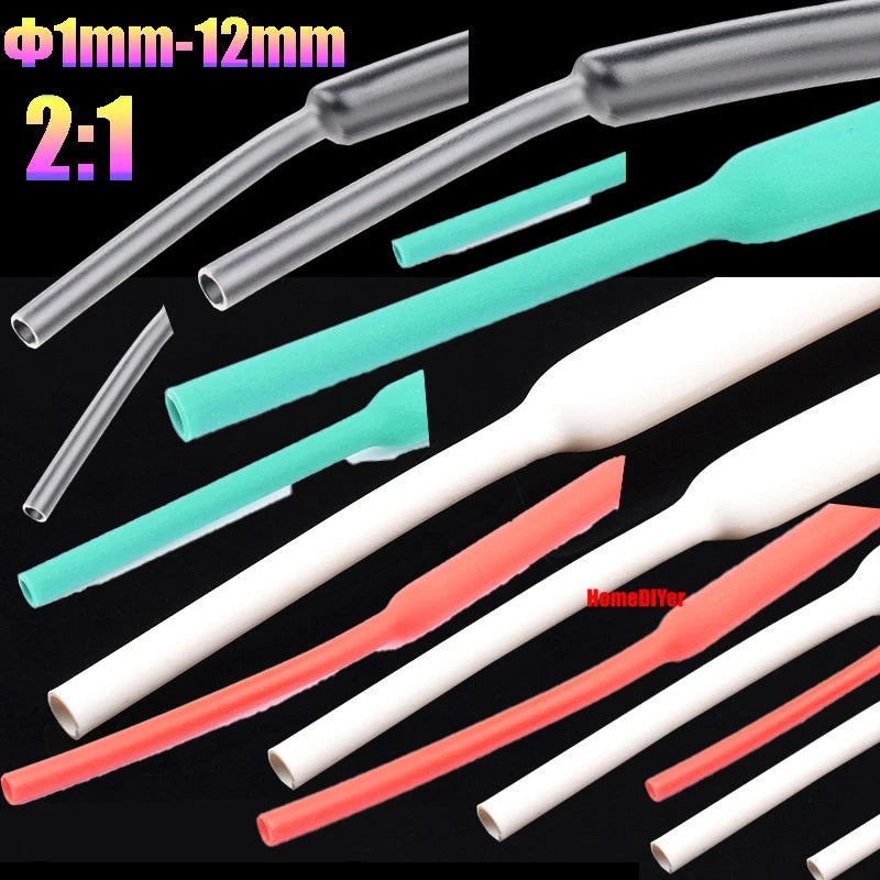 2:1 Heat Shrink Tubing — Electrical Wire Sleeving, Φ1mm–12mm, Clear/White/Red/Green