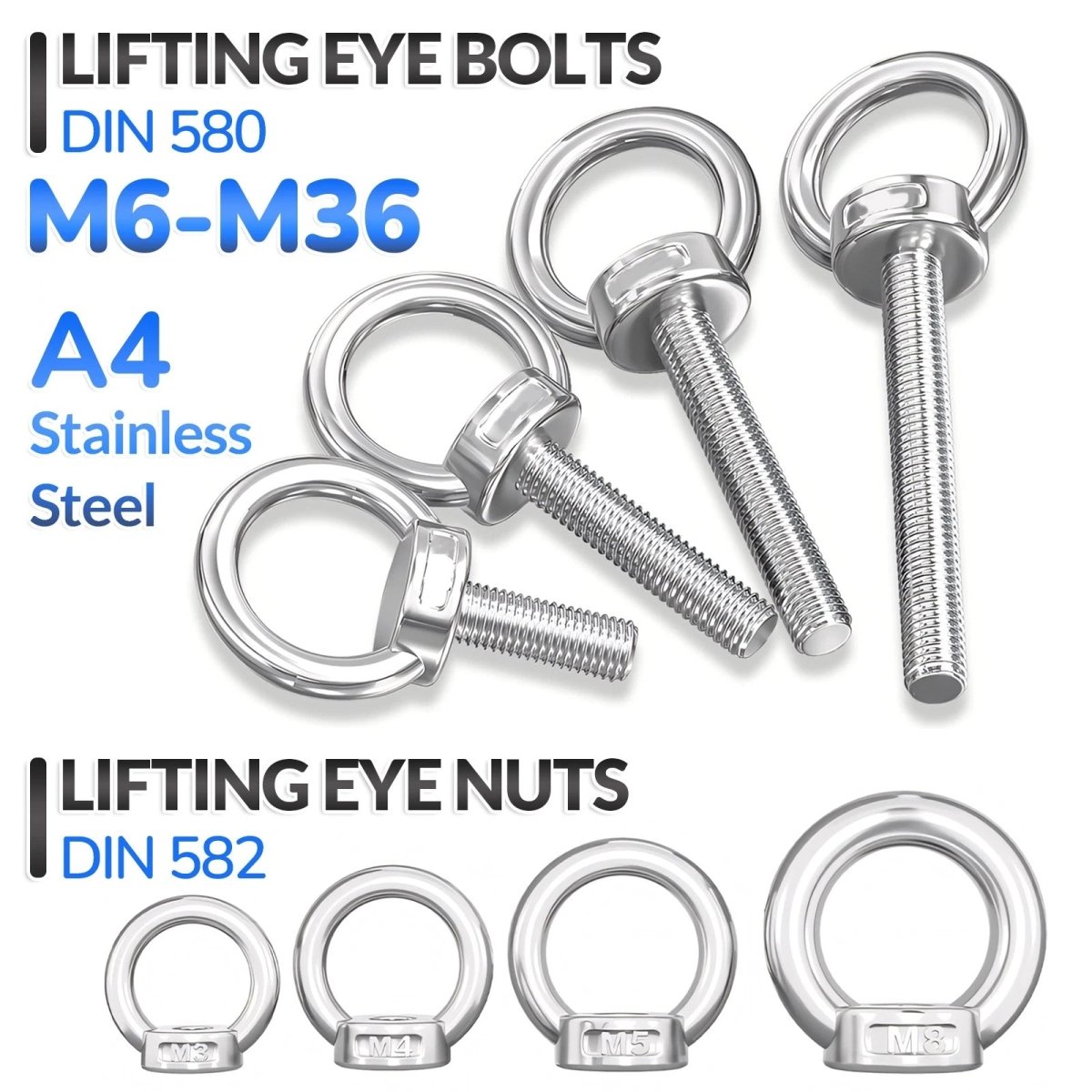 Stainless Steel Eye Bolts & Eye Nuts — A4 316 Metric Thread M6 to M36 - HomeDIYer