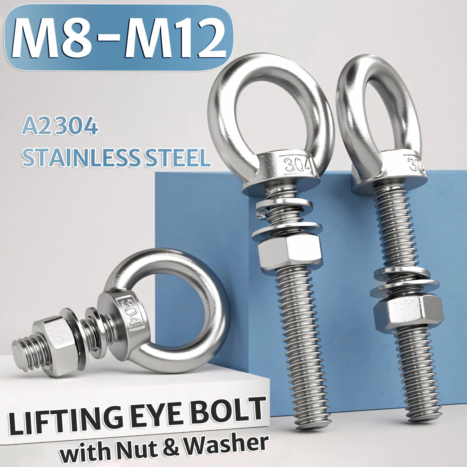 M8 M10 M12 Eye Bolts Kit Screws Nut Washer Long Boat Stainless Steel A2 304