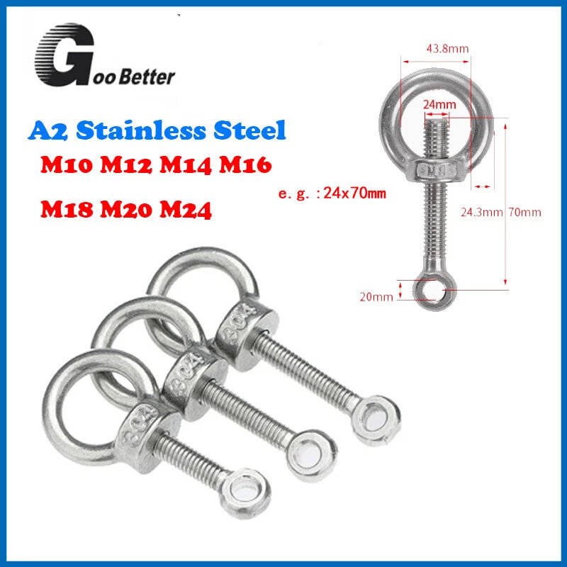 304 Stainless Steel Forged Eye Bolts with Eye Nut — M10 to M24, Multiple Lengths - HomeDIYer