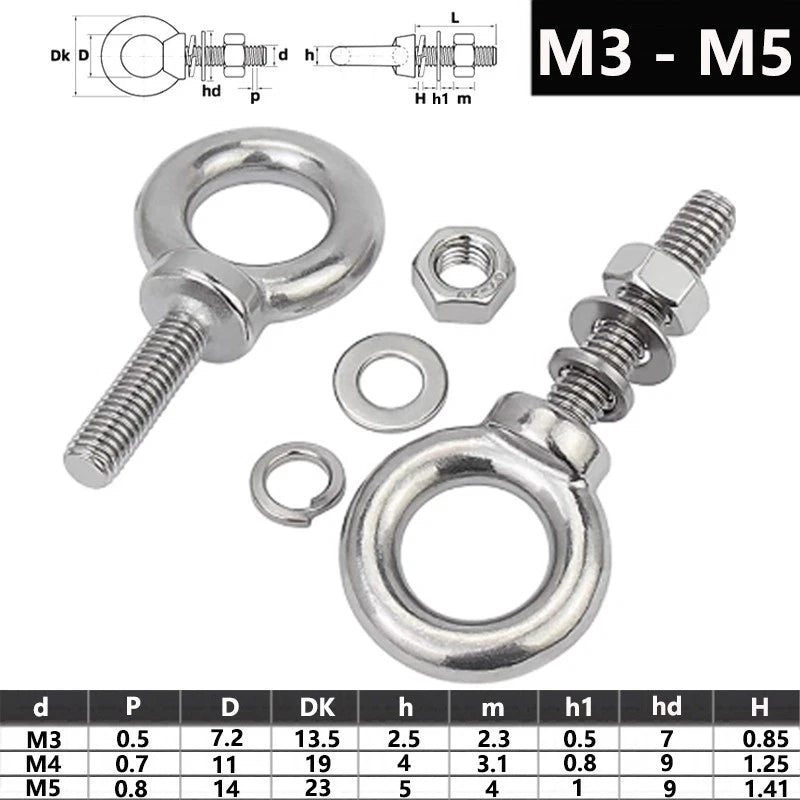 M3 M4 M5 A2 Stainless Steel Lifting Eye Bolts with Nuts, Washers & Spring Washers