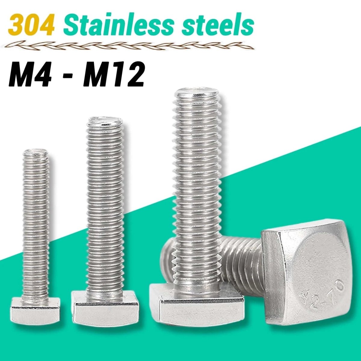 Square Head Bolts M4 M5 M6 M8 M10 M12 — A2 304 Stainless Steel, Multiple Lengths - HomeDIYer