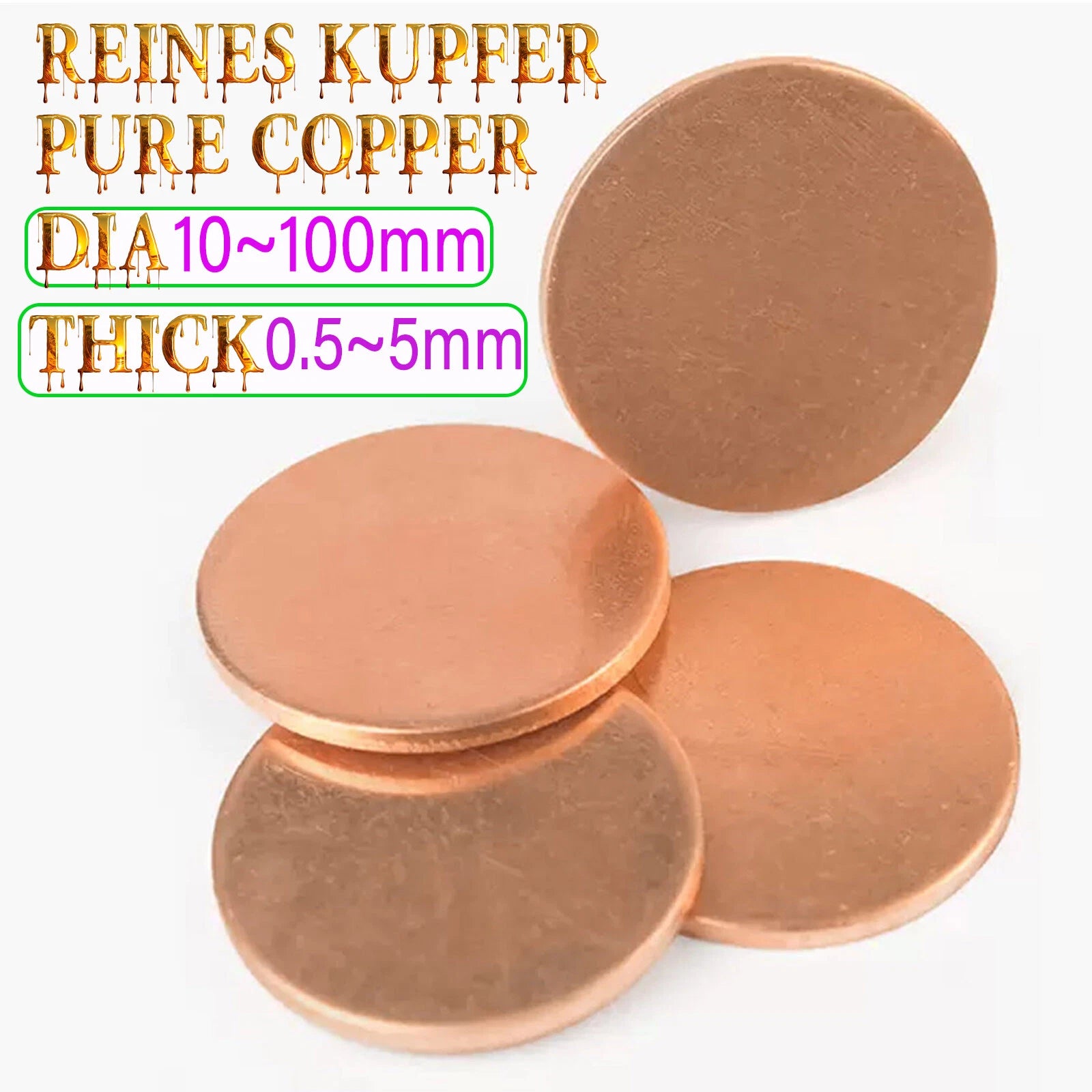 Solid Pure Copper Discs Blanks Round Plate Metal Sheet 0.5mm - 5mm Thick Cu 99.9