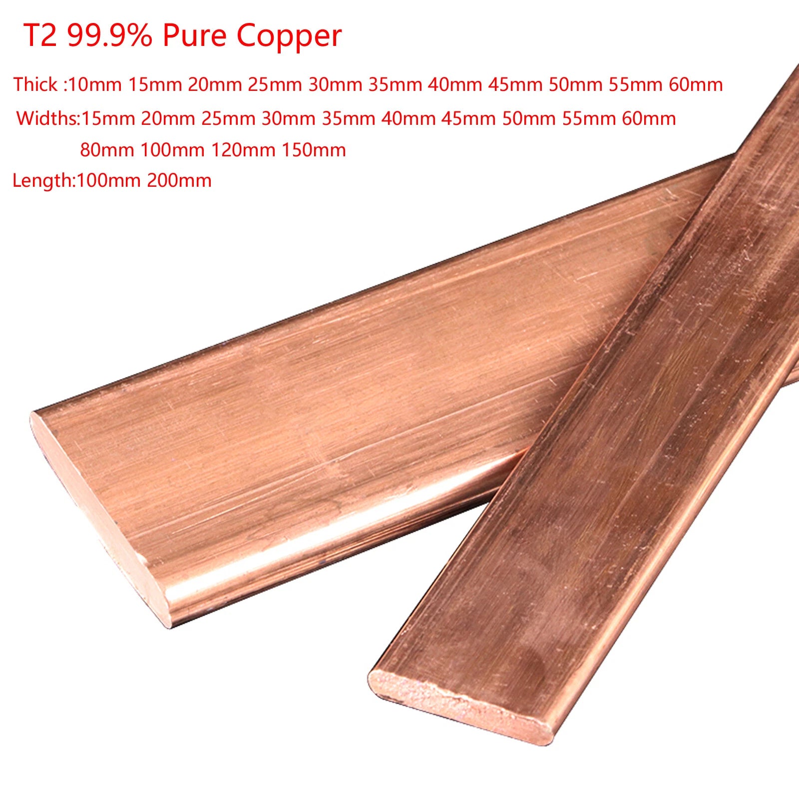 Copper Flat Bar Thick 1-60mm T2 99.9% Pure Cu Solid Metal Plate Widths 5mm-150mm