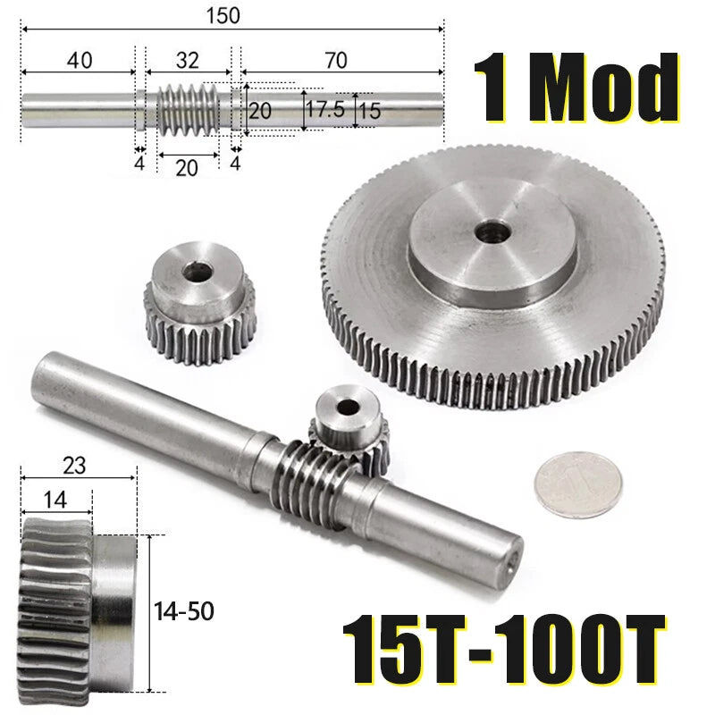 45# Steel Worm Gear Set 1 Modulus 15-100 Teeth Wheel Shaft Gear Box Shaft