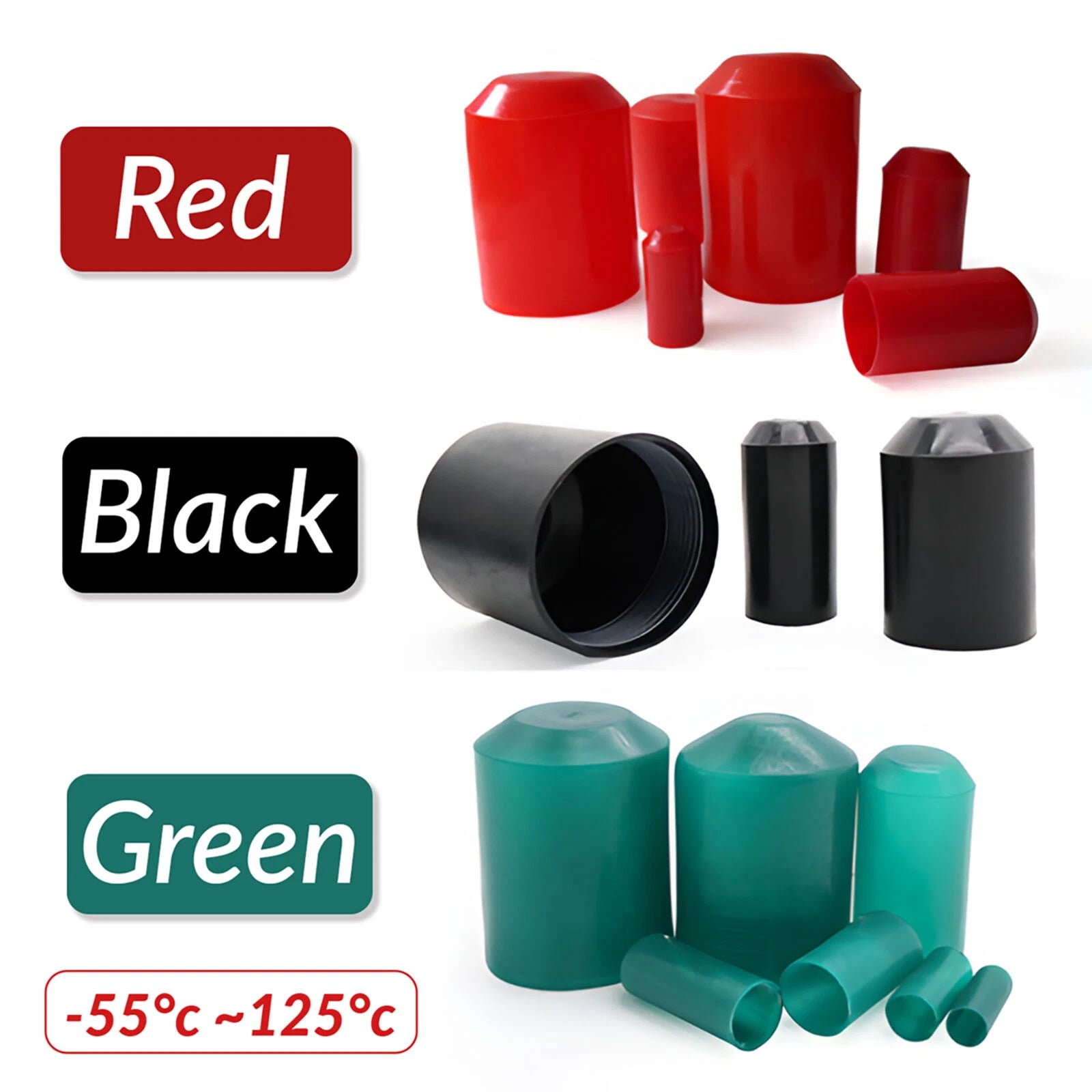 Adhesive Glue Lined Heat Shrink End Caps — 8mm to 85mm, Black / Red / Green