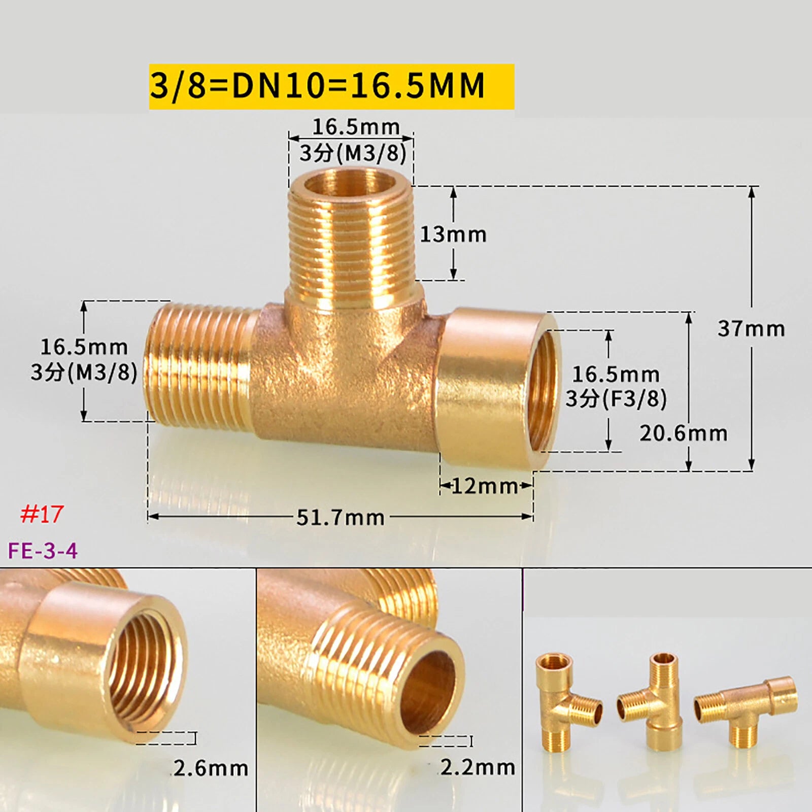 BSP Brass Tee Pipe Fittings — Male & Female Thread Combinations, 1/8" to 3/8"