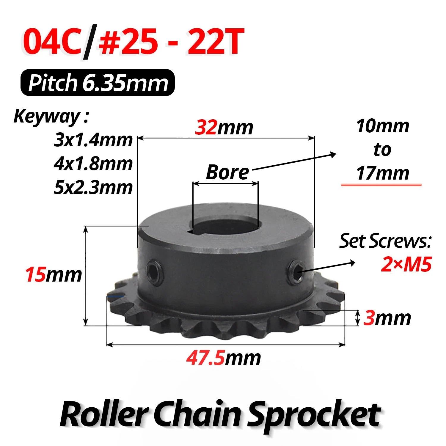 #25 Roller Chain Sprocket With Keyway 04C 13T-40T Tooth Bore 8-30mm Pitch 6.35mm