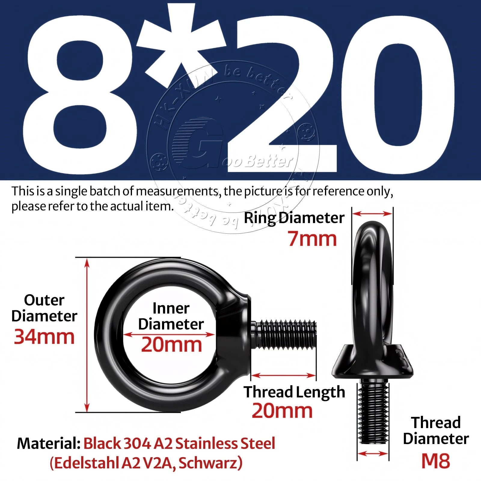 A2 304 Grade Black Stainless Steel Lifting Eye Nuts-Bolts M3 M4 M5 M6 M8 - M24