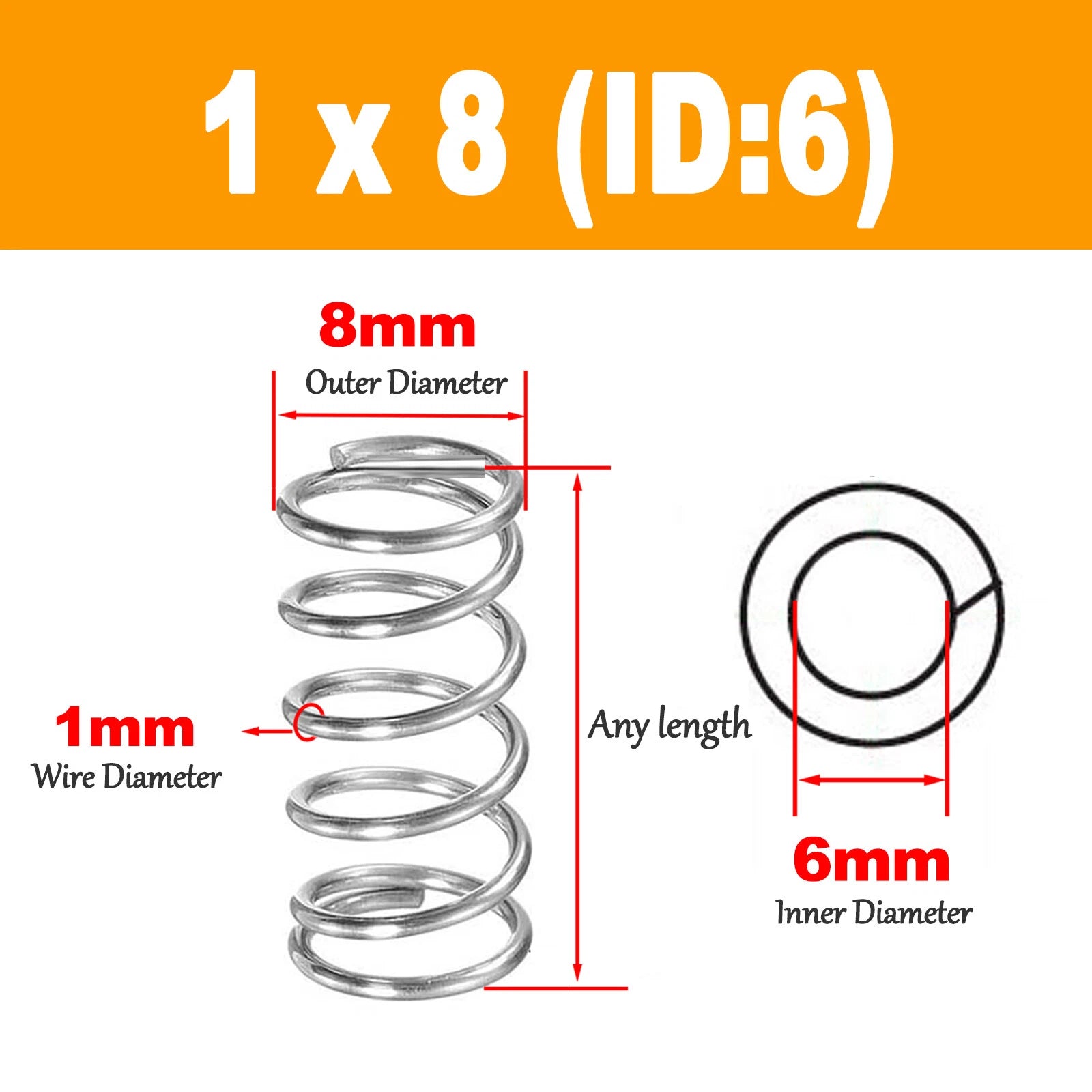 304 Compression Spring Wire Diameter 1mm ,Outer Dia 11mm-20mm, Length 5mm-120mm