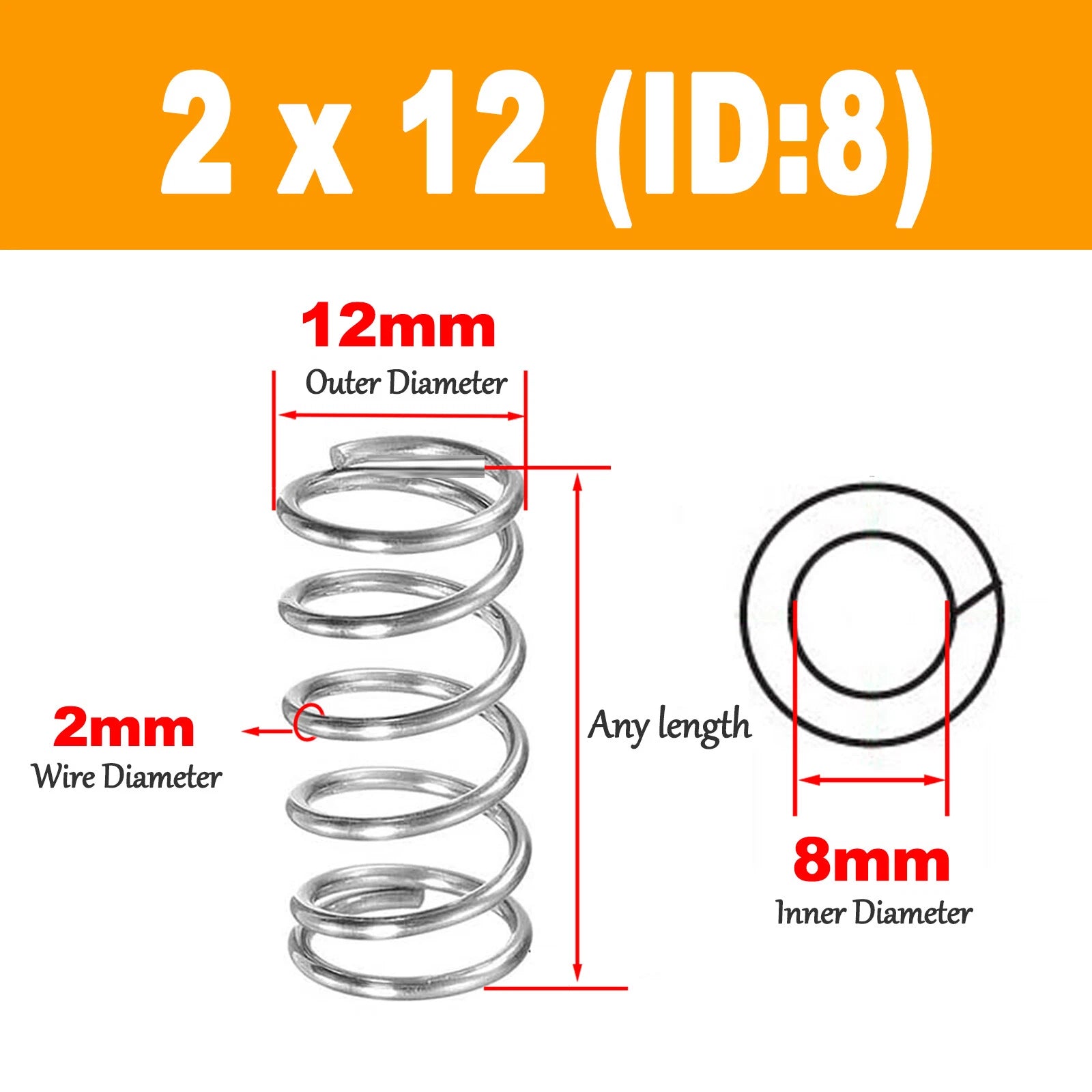 Compression Spring Pressure Spring A2 Stainles Steel Wire Dia 2mm Ø 10mm - 20mm