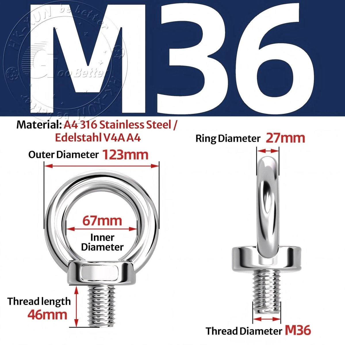 Stainless Steel Eye Bolts & Eye Nuts — A4 316 Metric Thread M6 to M36 - HomeDIYer