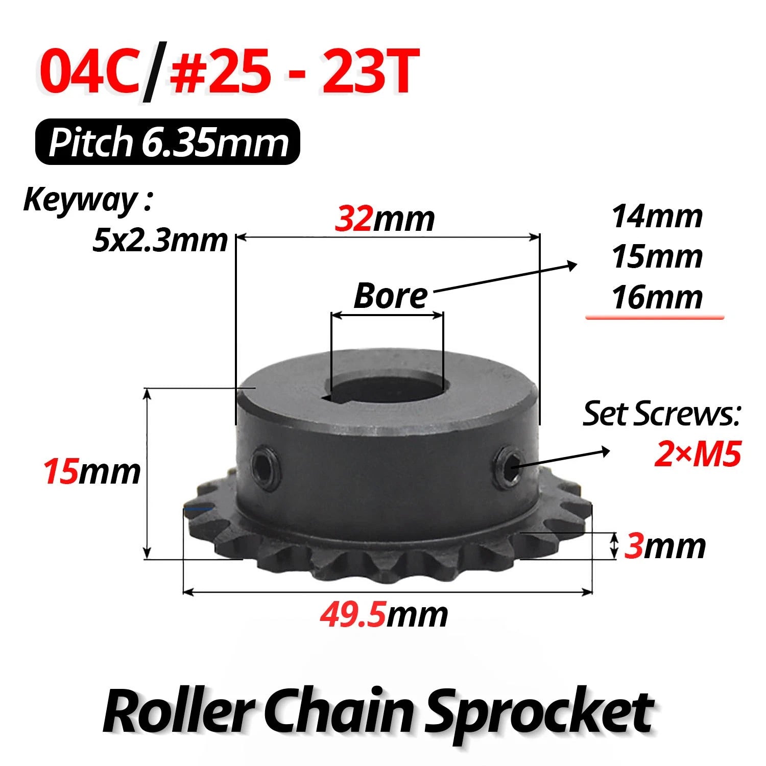 #25 Roller Chain Sprocket With Keyway 04C 13T-40T Tooth Bore 8-30mm Pitch 6.35mm
