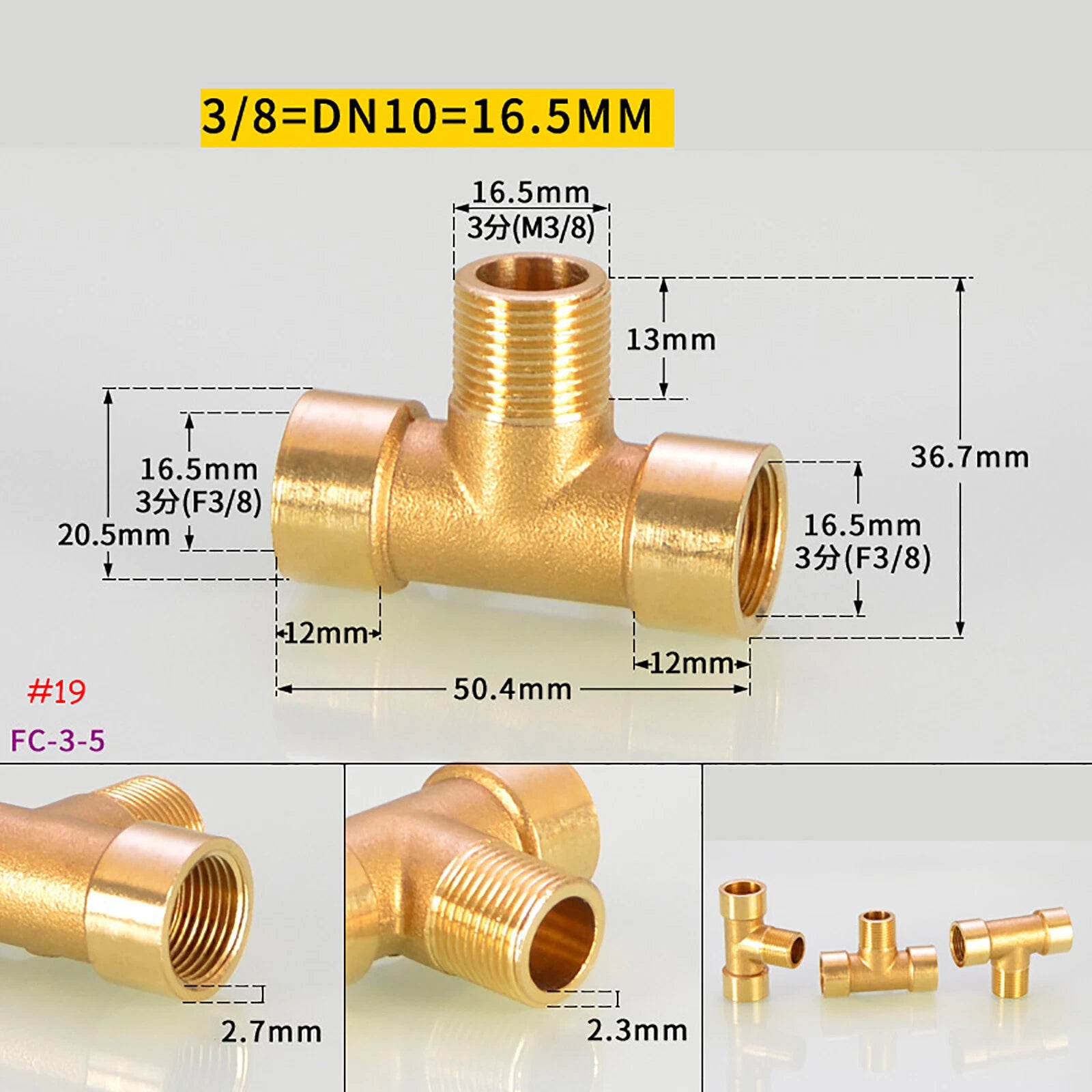 BSP Brass Tee Pipe Fittings — Male & Female Thread Combinations, 1/8" to 3/8"