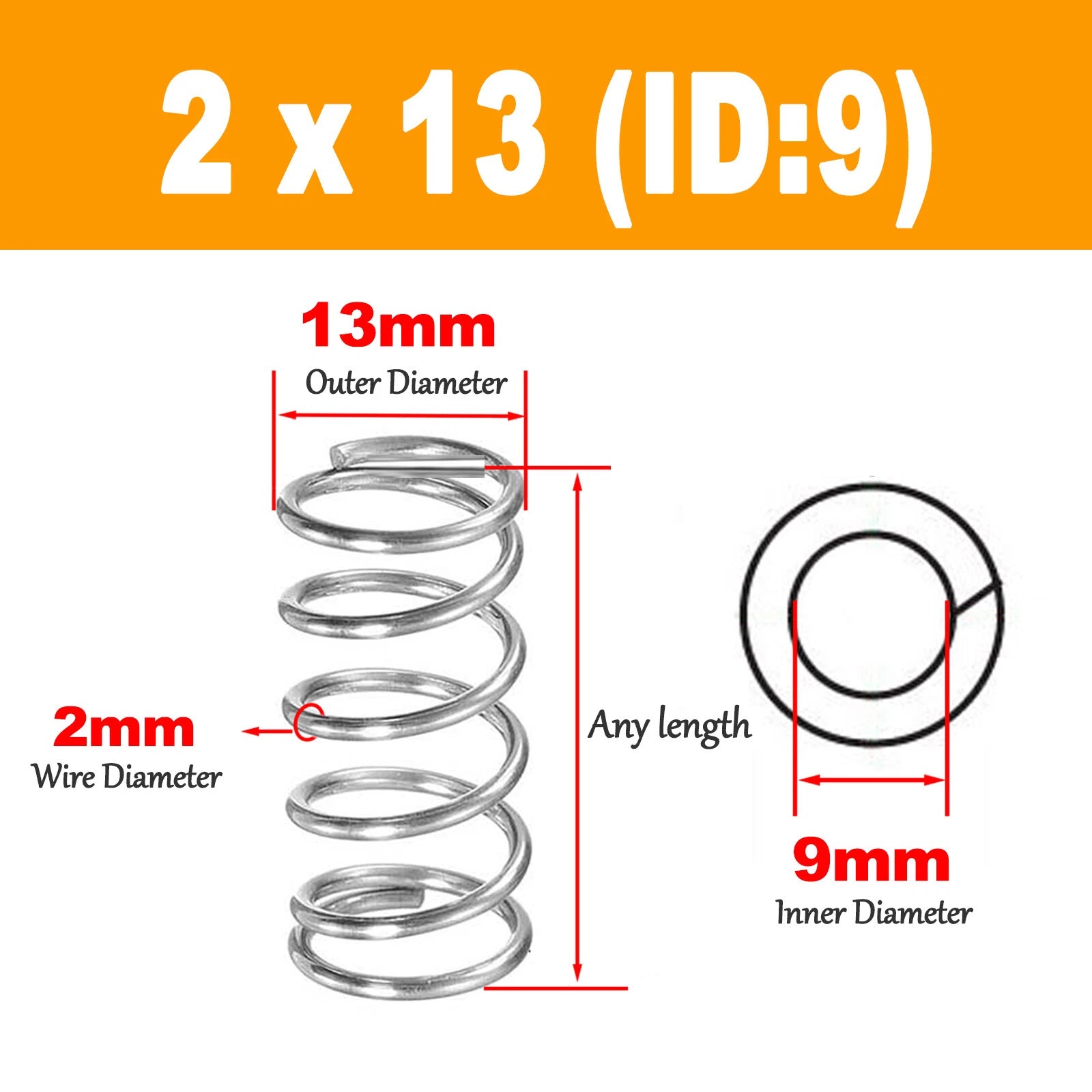 Compression Spring Pressure Spring A2 Stainles Steel Wire Dia 2mm Ø 10mm - 20mm