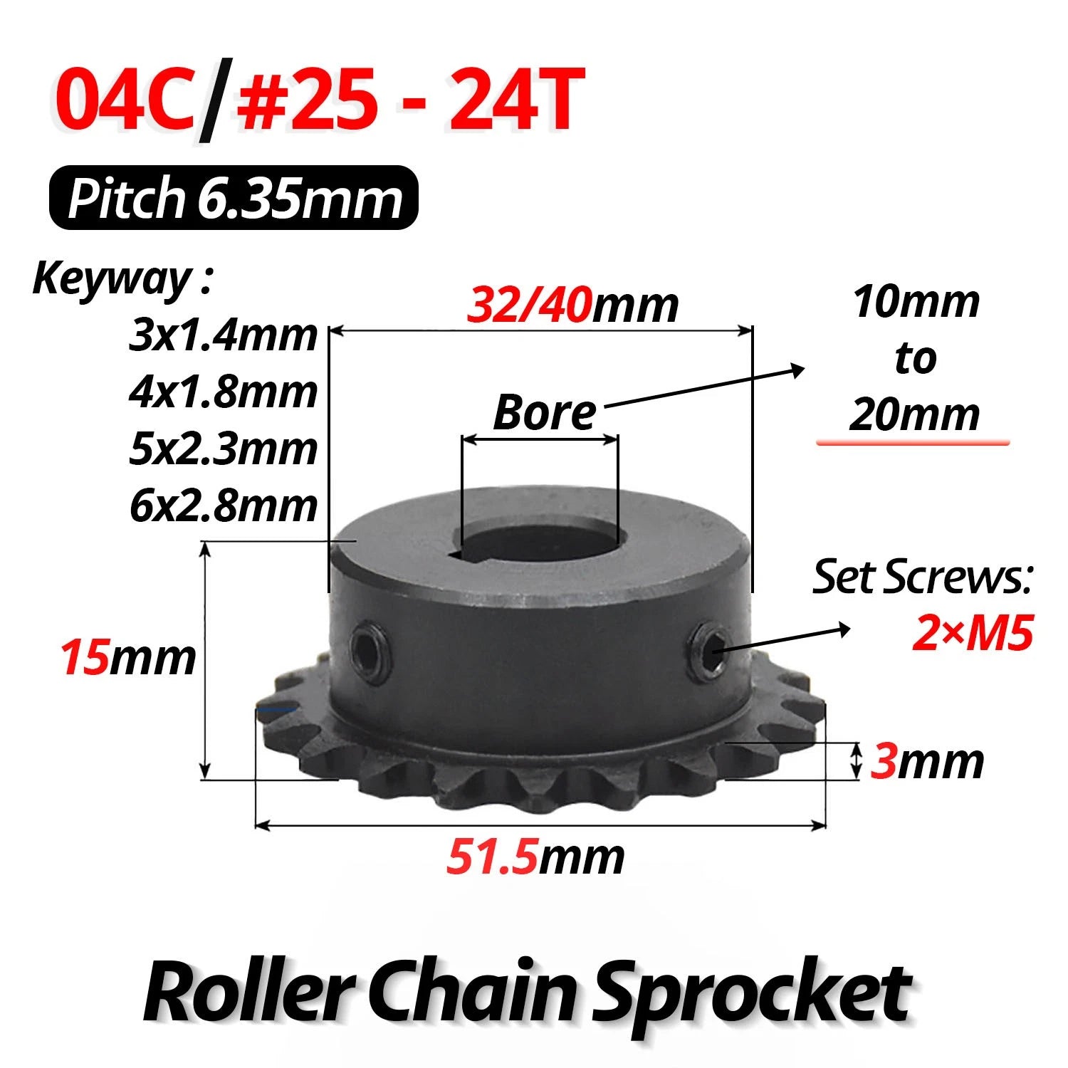 #25 Roller Chain Sprocket With Keyway 04C 13T-40T Tooth Bore 8-30mm Pitch 6.35mm
