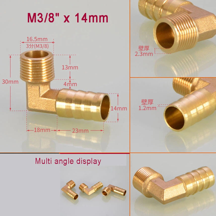 Brass BSP Male Elbow Barb Hose Tail Fittings — 1/8" to 3/4" × 6mm–25mm
