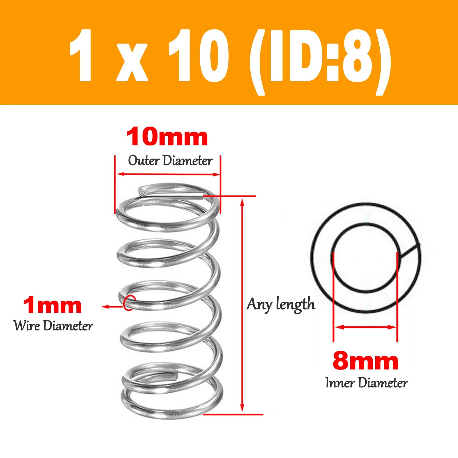 304 Compression Spring Wire Diameter 1mm ,Outer Dia 11mm-20mm, Length 5mm-120mm