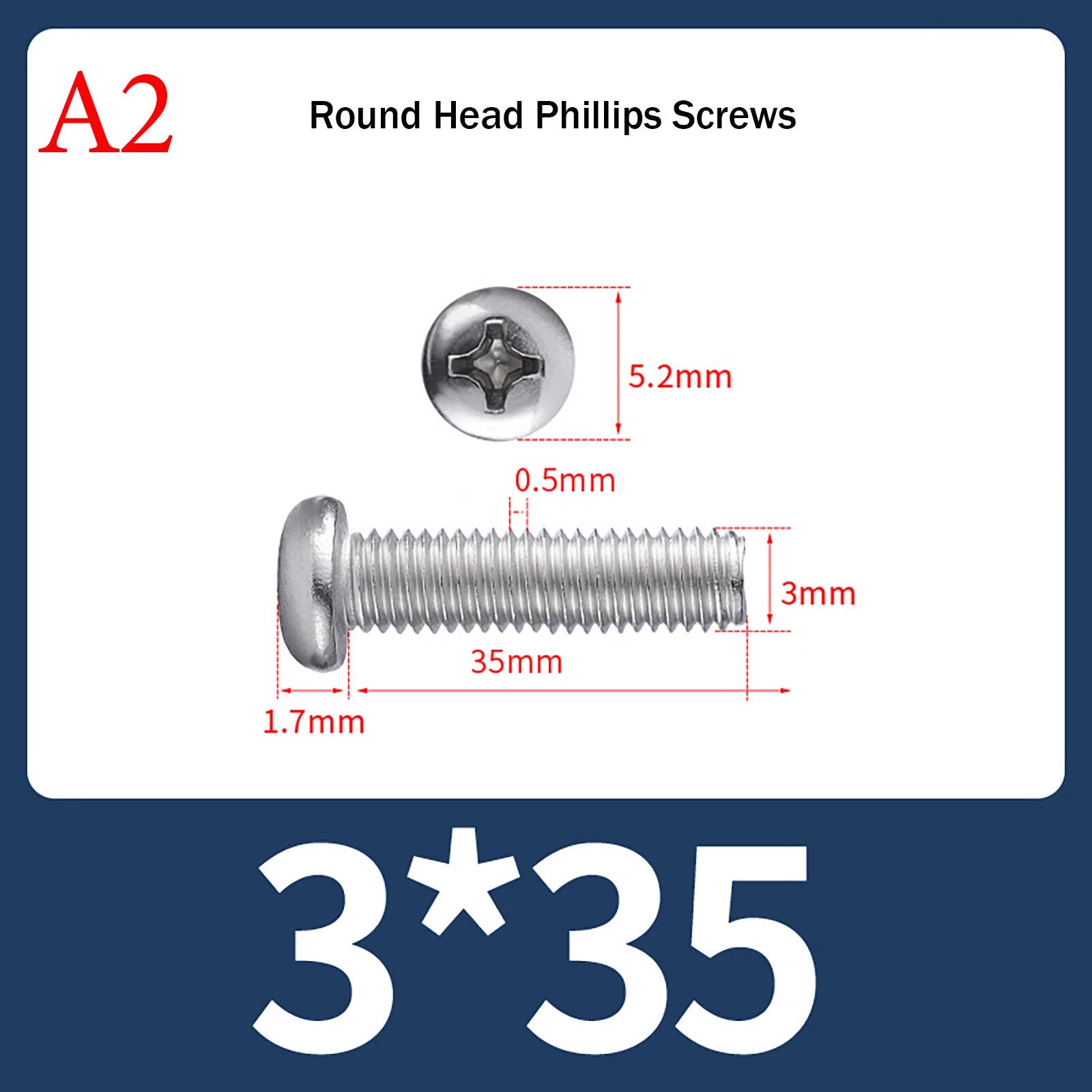 M3 Phillips Pan Head Machine Screws – A2 Stainless Steel, M3×3mm to M3×150mm (Full Length Range)
