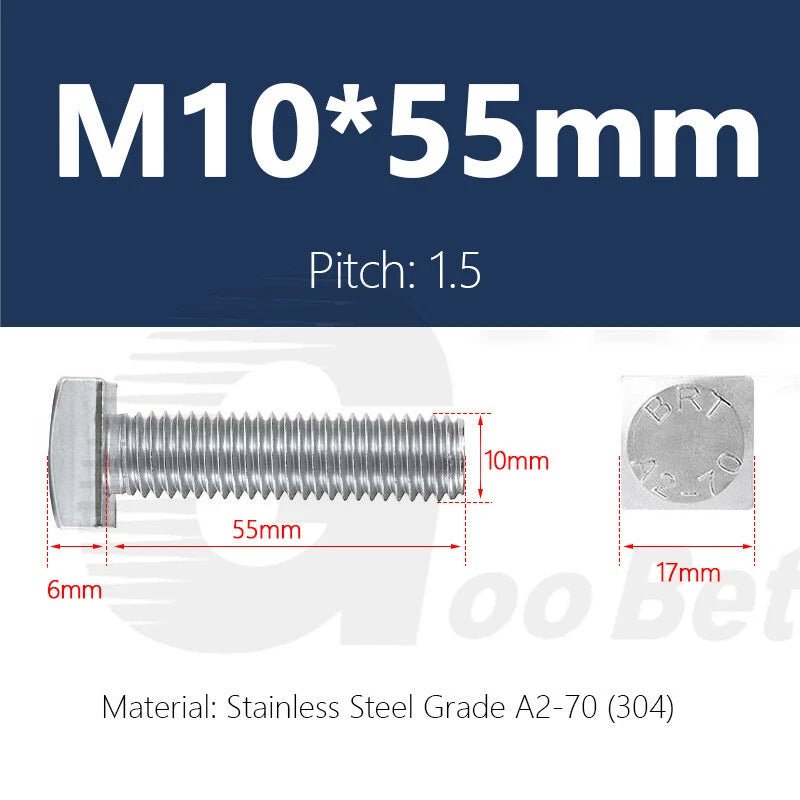 M10 Stainless Steel Square Head Bolts — A2 304, Plain Finish, 16mm to 100mm - HomeDIYer