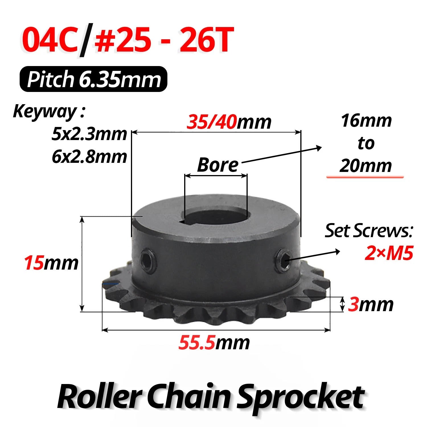 #25 Roller Chain Sprocket With Keyway 04C 13T-40T Tooth Bore 8-30mm Pitch 6.35mm