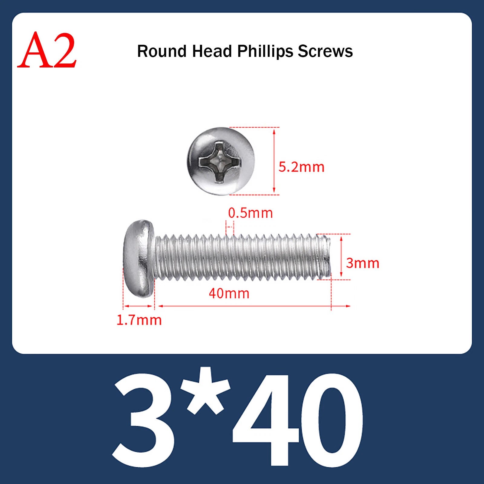 M3 Phillips Pan Head Machine Screws – A2 Stainless Steel, M3×3mm to M3×150mm (Full Length Range)