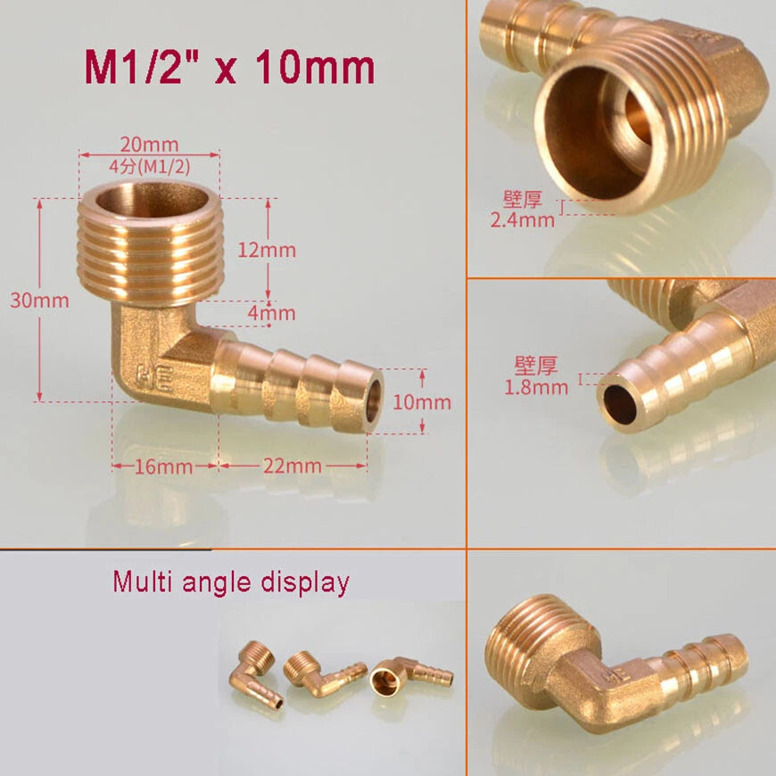 Brass BSP Male Elbow Barb Hose Tail Fittings — 1/8" to 3/4" × 6mm–25mm