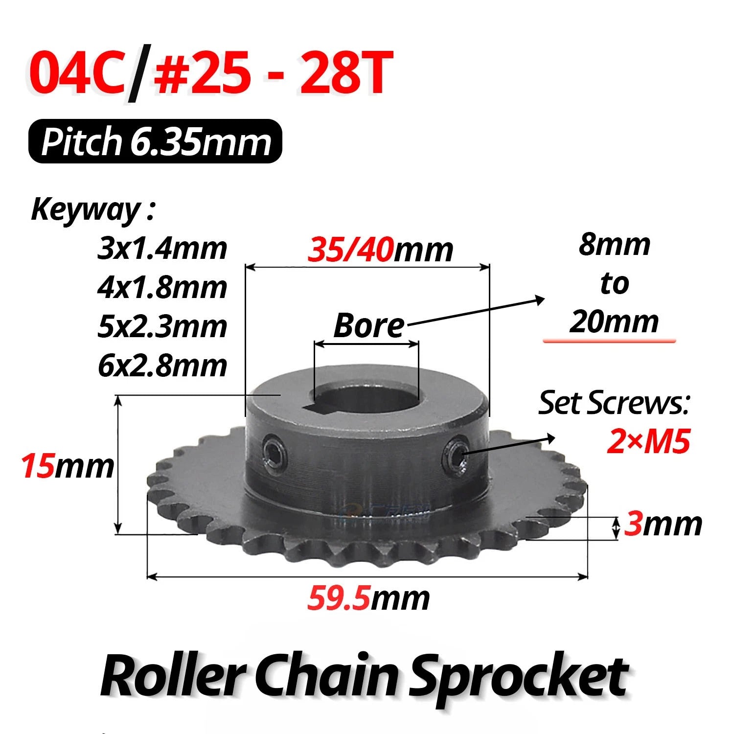 #25 Roller Chain Sprocket With Keyway 04C 13T-40T Tooth Bore 8-30mm Pitch 6.35mm