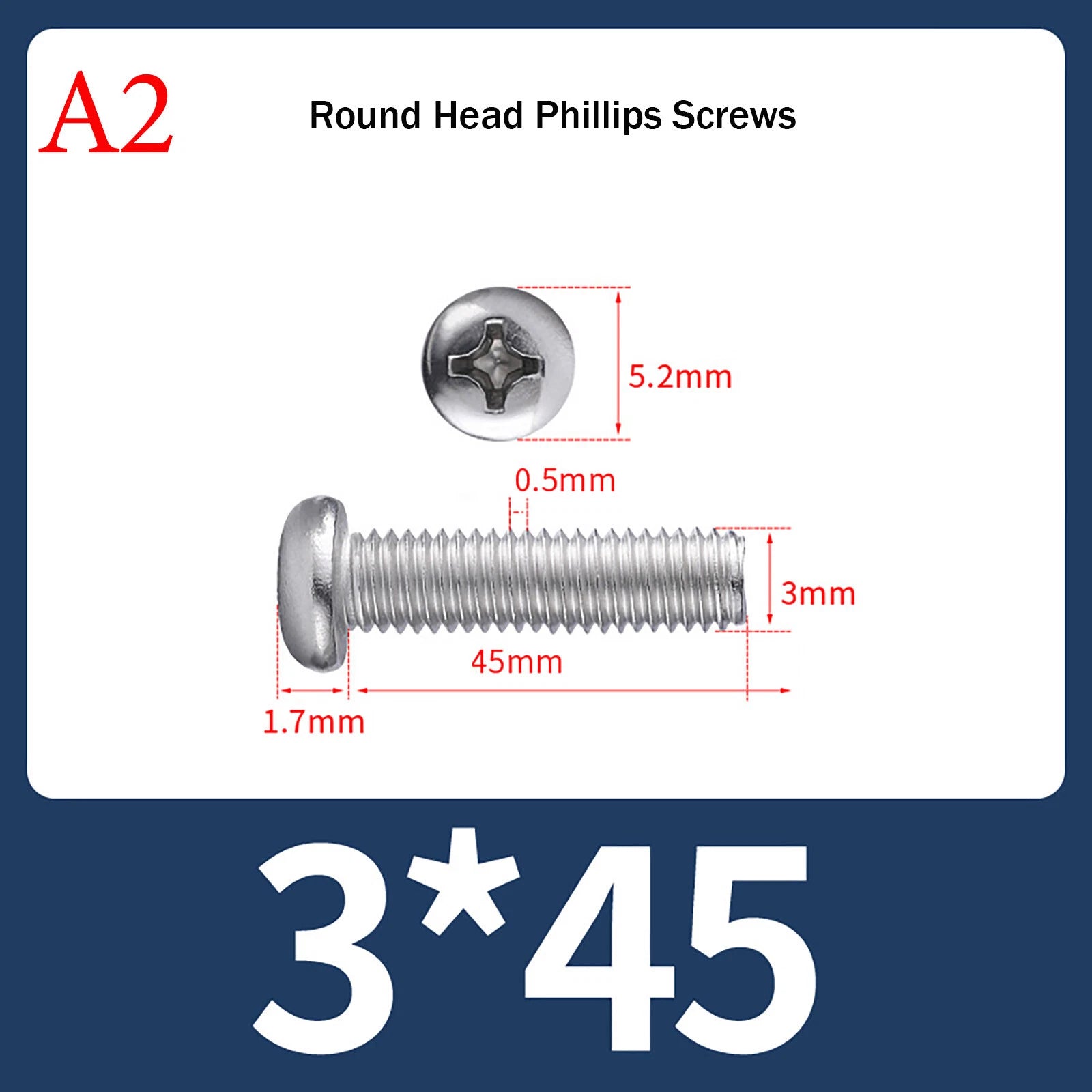 M3 Phillips Pan Head Machine Screws – A2 Stainless Steel, M3×3mm to M3×150mm (Full Length Range)