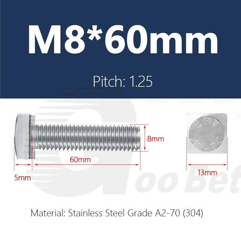 M8 T - Bolt Square Head Bolt for T - Slot Aluminum Profile — Stainless Steel A2 304 - HomeDIYer