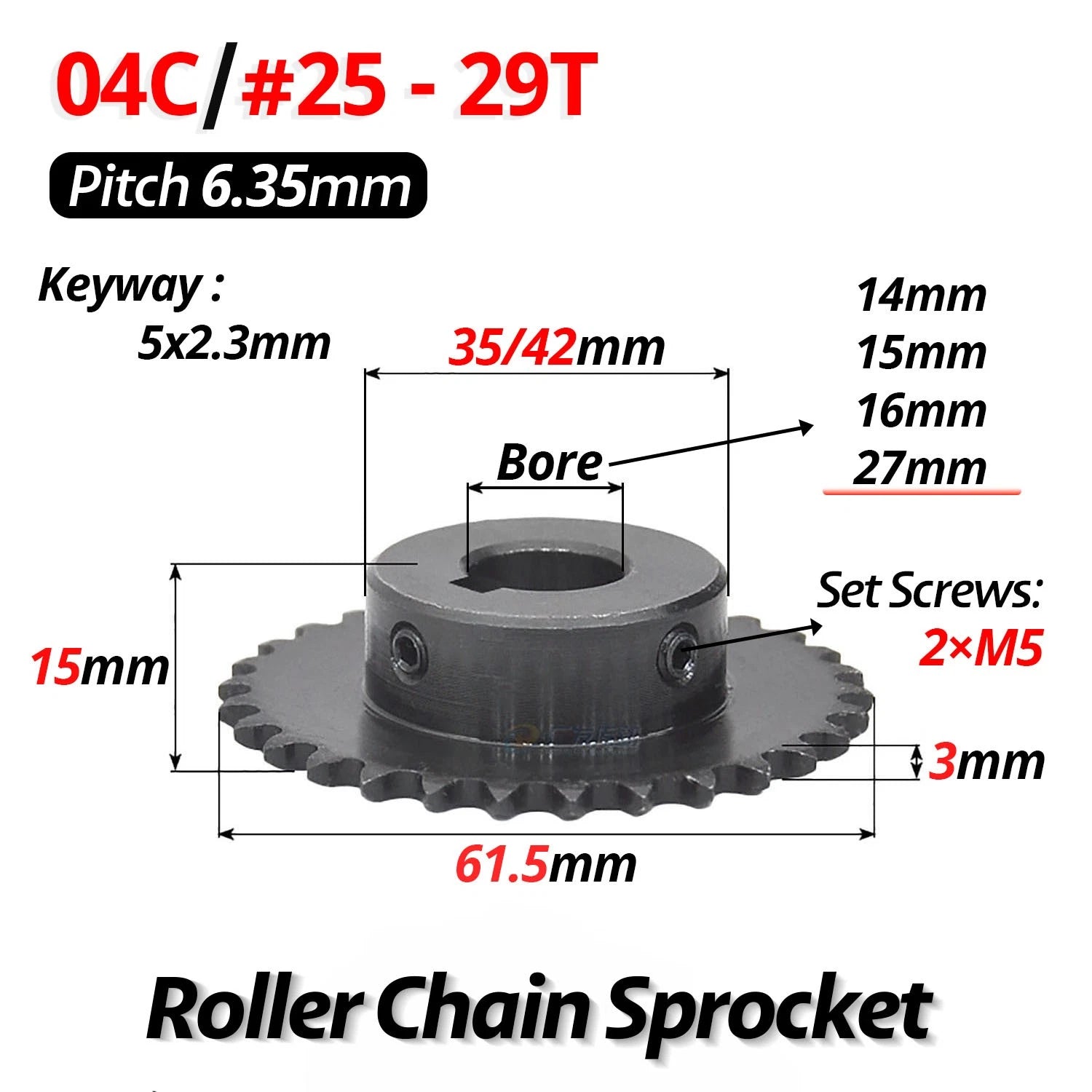 #25 Roller Chain Sprocket With Keyway 04C 13T-40T Tooth Bore 8-30mm Pitch 6.35mm