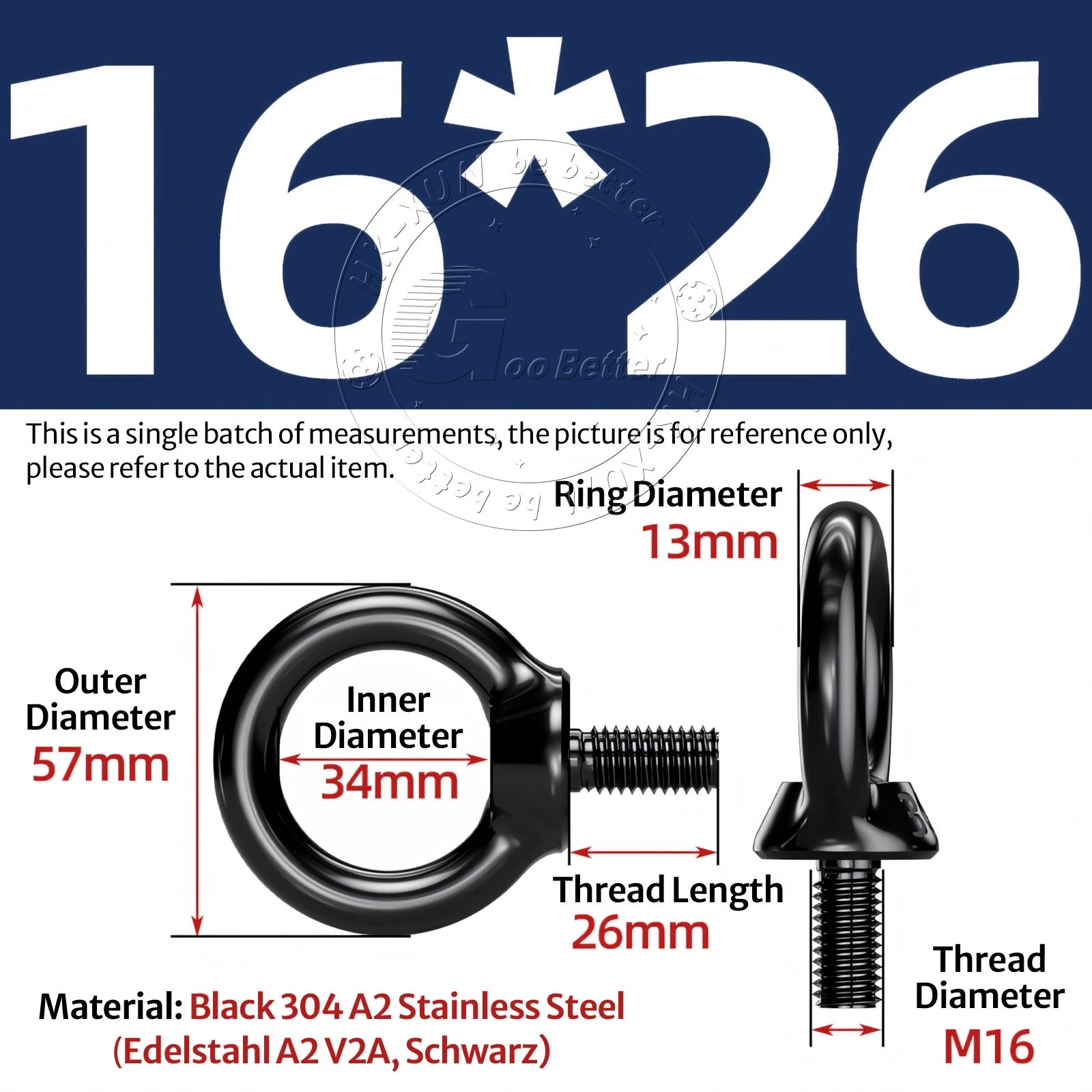 A2 304 Grade Black Stainless Steel Lifting Eye Nuts-Bolts M3 M4 M5 M6 M8 - M24